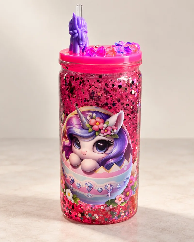 Rosa Glitzerbecher mit Einhornmotiv und Strohhalm