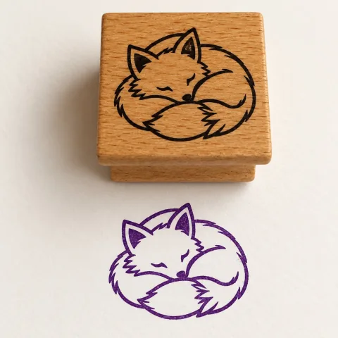Holzstempel mit Fuchsmotiv und violettem Stempelabdruck
