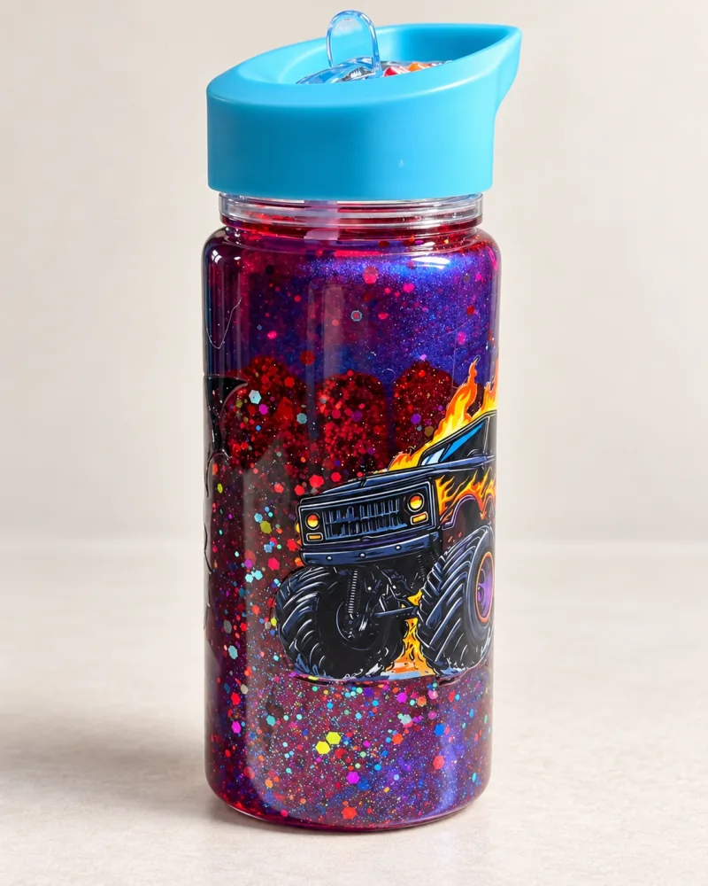 Glitzerflasche mit türkisem Deckel und Monstertruckmotiv